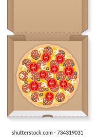 Cardboard box with pizza on a white background.