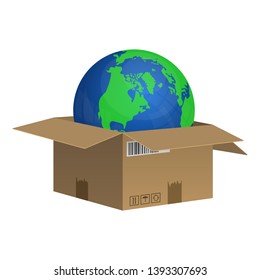 Cardboard box with planet earth inside vector design illustration isolated on white background