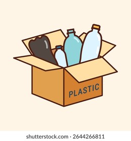 Cardboard box with plastic bottles for recycling. Plastic pollution concept for themes related to waste management, eco-friendly practices, plastic sorting, and recycling initiatives