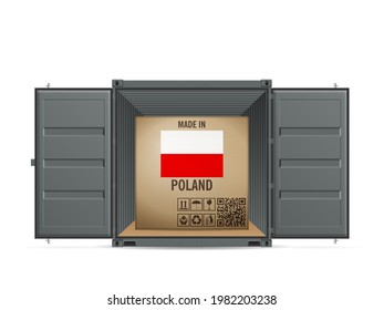 Cardboard box Poland in cargo container on a white background. Vector illustration.