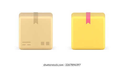Cardboard box postal package wrapped container for cargo transportation warehouse storage 3d icon set realistic vector illustration. Closed tape delivery parcel with seal logistic distribution