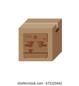Cardboard box with print of coffee machine.