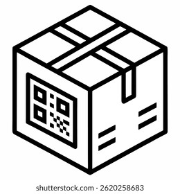 Caixa de papelão com QR Code Icon - Estilo Mínimo de Arte de Linha para Rastreamento e Entrega de Pacotes em Fundo Branco

