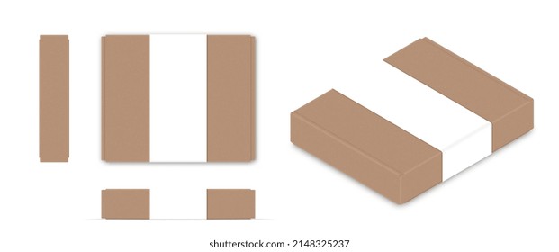 Cardboard box realistic set. Collection of images for website and social networks. Home delivery, pizza. White label tag, present. Isometric vector illustrations isolated on white background