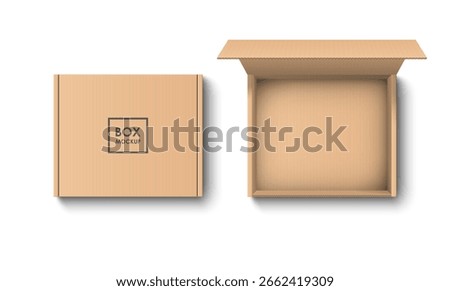 Cardboard box realistic. Top view of brown delivery packaging boxes. Warehouse goods. Sealed box for post transport, warehouse, storage. Mockup design. Vector illustration