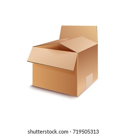 Cardboard box realistic vector illustration isolated on white. Open carton container with shadow, empty delivery case made of paper, compact packaging