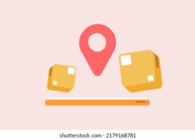 Cardboard Box And Red Pin Concept Of Parcel Shipping Tracking On Mobile Phone. Parcel Tracking And Delivery  Service On Smartphone.