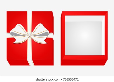 Cardboard Box with Ribbon and Bowknot. Happy Birthday Christmas New Year Wedding or Valentine Day Package Design. Closeup Vector illustration Top View