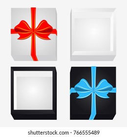 Cardboard Box with Ribbon and Bowknot. Happy Birthday Christmas New Year Wedding or Valentine Day Package Design. Closeup Vector illustration Top View