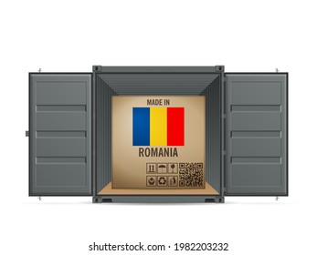 Cardboard box Romania in cargo container on a white background. Vector illustration.