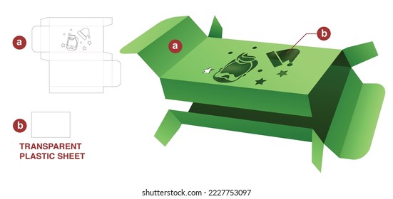 Cardboard box with Santa Claus window die cut template and 3D mockup