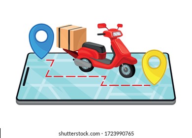 Caja de cartón y Scooter con la aplicación de navegación en la ilustración del vector de pantalla del Smartphone