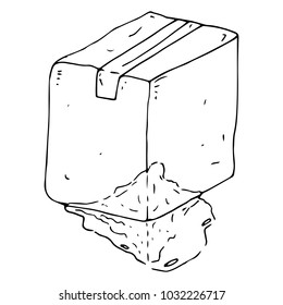 A cardboard box sealed with adhesive tape. From the wet cardboard box, liquid leaked out. Crumpled box. Leaked box. Vector illustration.