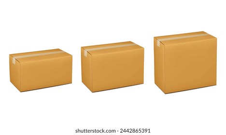 Cardboard box sealed with duct tape isolated on white background. Realistic vector mock-up set. Packing paper boxes. Mockup for design