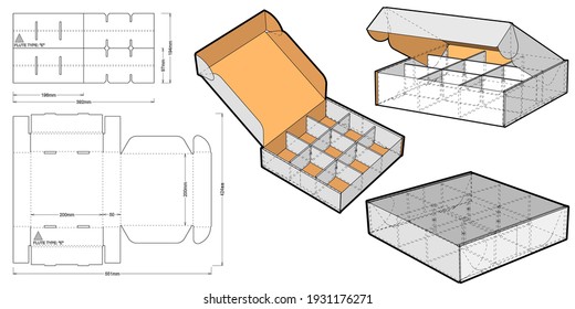 Cardboard box for sending mail. Ease of assembly, no need for glue (internal measurement of each separator 6x6x5 cm) and Die-cut Pattern. The .eps file is full scale and fully functional.