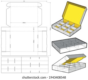 Cardboard box for sending mail. Ease of assembly, no need for glue (internal measurement of each separator 13x6.5x6 cm) and Die-cut Pattern. The .eps file is full scale and fully functional.