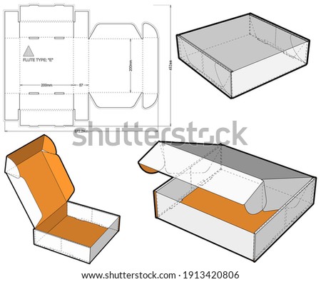 Cardboard box for sending mail. Flute Type E and Die-cut Pattern. Ease of assembly, no need for glue.  The .eps file is full scale and fully functional.