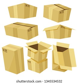 cardboard box set in cartoon style with different shape and view