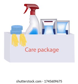 Cardboard box - a set of household goods for washing - vector. Care package idea. Quarantine box. Social distance. Help, gift, donation.