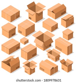 Juego de cajas de cartón. Iconos aislados de caja de cartón, abiertos y cerrados. Colección de paquetes de entrega de correo realista. Ilustración vectorial del contenedor de transporte