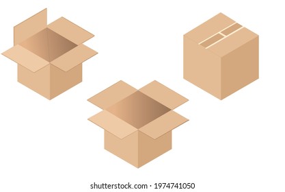Cardboard Box. Set. Open Closed. Isometric. Vector Illustration
