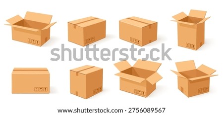 Cardboard box set, open closed parcel packages, realistic carton collection. Packaging, delivery, logistics, moving, ecommerce, warehouse graphics Vector illustration