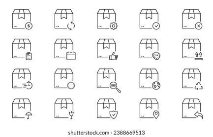 Cardboard Box For Shipping Line Icon Set. Carton Container, Cargo Symbol Collection. Distribution And Shipment Linear Pictogram. Delivery Service Sign. Editable Stroke. Isolated Vector Illustration.