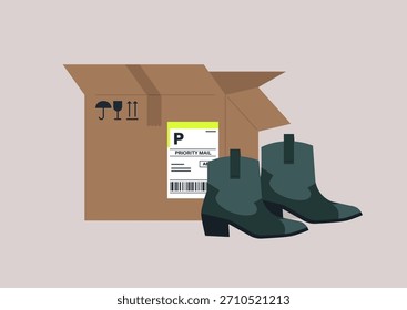 Uma caixa de papelão fica aberta, exibindo um par de botas de cowboy brilhantes ao seu lado, pronta para entrega, A etiqueta de pacote vibrante destaca a emoção de novos calçados chegando.