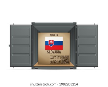 Cardboard box Slovakia in cargo container on a white background. Vector illustration.