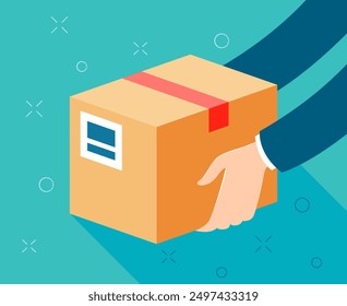 A cardboard box in someones hands. Courier, order delivery, parcel, shipping, online shopping, red tape, postal service, terminal, sticker with sender and recipient data, post office,