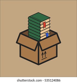 Cardboard box with a stack of books with bookmarks Minimalistic Flat Line Color Stroke Icon Pictogram Illustration