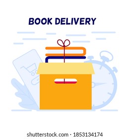 Cardboard box with a stack of books inside against the background of a mobile phone and a stopwatch. Delivery designation concept for online bookstore.