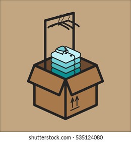 Cardboard box with a stack of shirts and hanger Minimalistic Flat Line Color Stroke Icon Pictogram Illustration