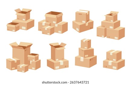 Cardboard box stack. Stacked carton boxes. Packing, moving shipping, transportation parcels. Warehouse parcel pile for cargo. Postal delivery service. Vector set.