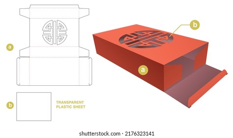 Cardboard box with stenciled Chinese and transparent plastic sheet side die cut template