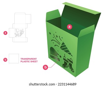 Cardboard box with stenciled Christmas festival window die cut template and 3D mockup