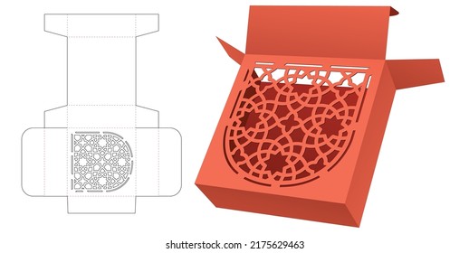 Cardboard box with stenciled window die cut template and 3D mockup