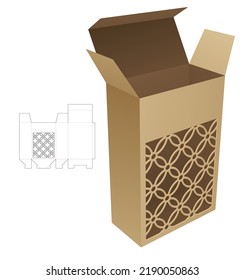 Cardboard box with stenciled window die cut template and 3D mockup