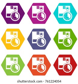 Cardboard box with stopwatch icon set many color hexahedron isolated on white vector illustration