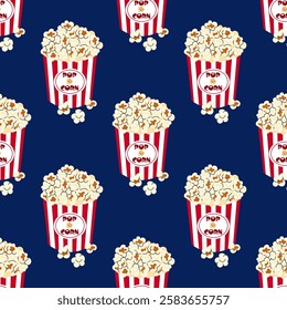 Cardboard box of striped popcorn for cinema or movie, circus, Luna Park. Seamless pattern for textile, wrapping paper, background.