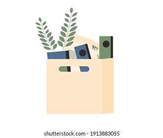 Cardboard box with stuff. Dismissal symbol. Vector flat illustration. 
