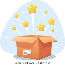  cardboard box with a surprise, gold stars flying out of the box. Stock vector illustration