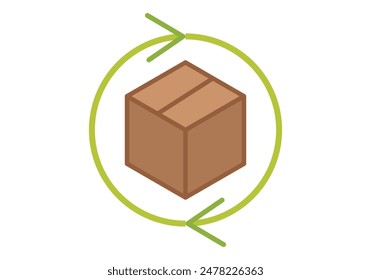 Caja de cartón rodeada de círculo verde con flechas para reutilizar