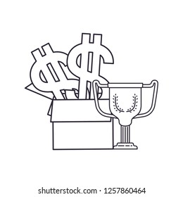 cardboard box with symbol of dollar and trophy