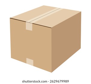 Caixa de papelão com fita para embalagem e transporte sobre fundo branco