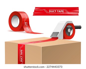 Cardboard box with tape. Realistic packaging, sealing process with branded red tape with inscriptions, roll holder, delivery container, warehouse object, post package, utter vector concept