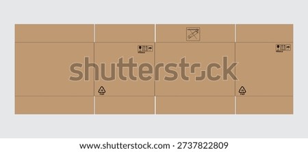 Cardboard Box Texture Background with Packaging Symbols and Recycle Sign.