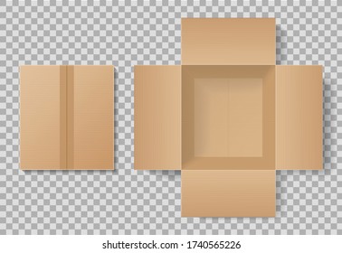 Vista superior de la caja de cartón para la entrega. Paquete de cartón abierto y cerrado para regalo. contenedor marrón realista vacío con vista interior. Plantilla de paquete de papel sobre fondo aislado. vector de diseño