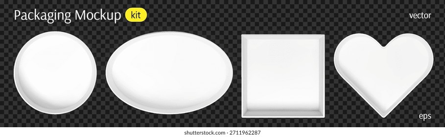 Montagem da vista superior da caixa de papelão. Pacote aberto branco para pizza ou entrega de alimentos. Caixa de papel em branco quadrado e coração com sombra 3d realista e vazio dentro. Mock up de vetor isolado. Bandeja presente oval.