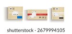 Cardboard box top view with shipping labels and colored tape sealing brown packages for delivery. Parcel surfaces with QR codes, handling icons and adhesive strips for e-commerce or postal logistic.